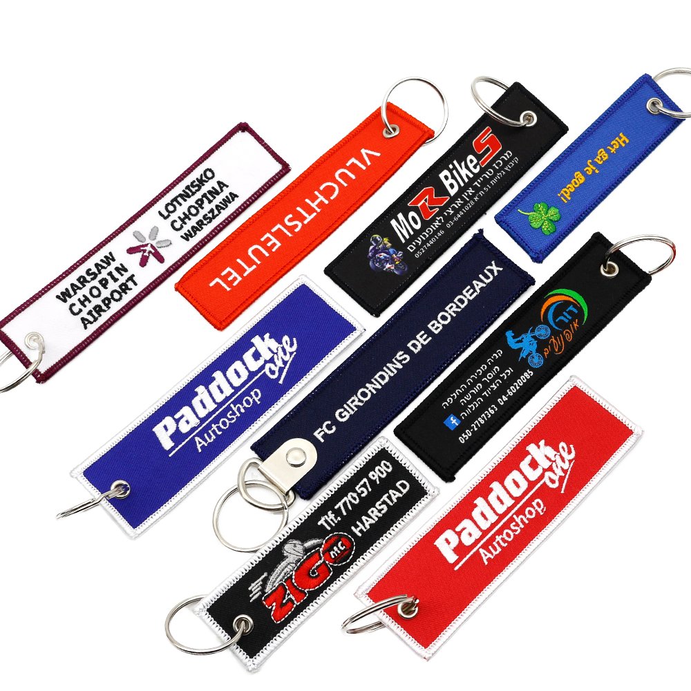 Customized Fabric Woven Both Sides Airplane Airline Jet Tag Embroidery Key Ring 3d Double Sided Logo Custom Embroidered Keychain